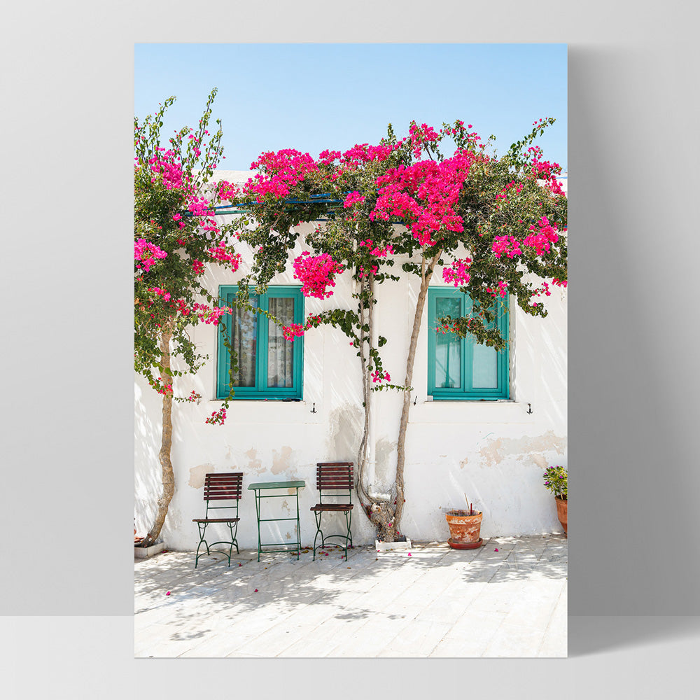 Santorini in Spring | White Villa IV - Art Print, Poster, Stretched Canvas, or Framed Wall Art Print, shown as a stretched canvas or poster without a frame