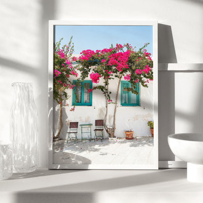 Santorini in Spring | White Villa IV - Art Print, Poster, Stretched Canvas or Framed Wall Art, shown framed in a room