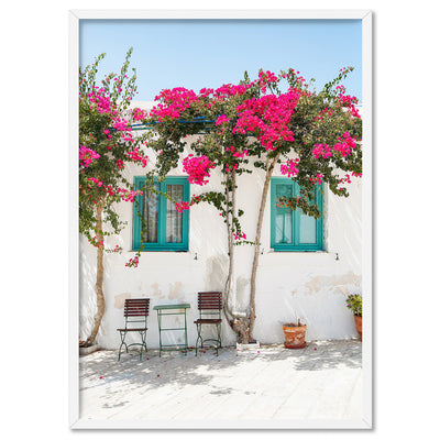 Santorini in Spring | White Villa IV - Art Print, Poster, Stretched Canvas, or Framed Wall Art Print, shown in a white frame
