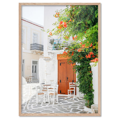 Santorini in Spring | Al fresco I - Art Print, Poster, Stretched Canvas, or Framed Wall Art Print, shown in a natural timber frame