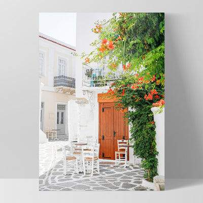 Santorini in Spring | Al fresco I - Art Print, Poster, Stretched Canvas, or Framed Wall Art Print, shown as a stretched canvas or poster without a frame