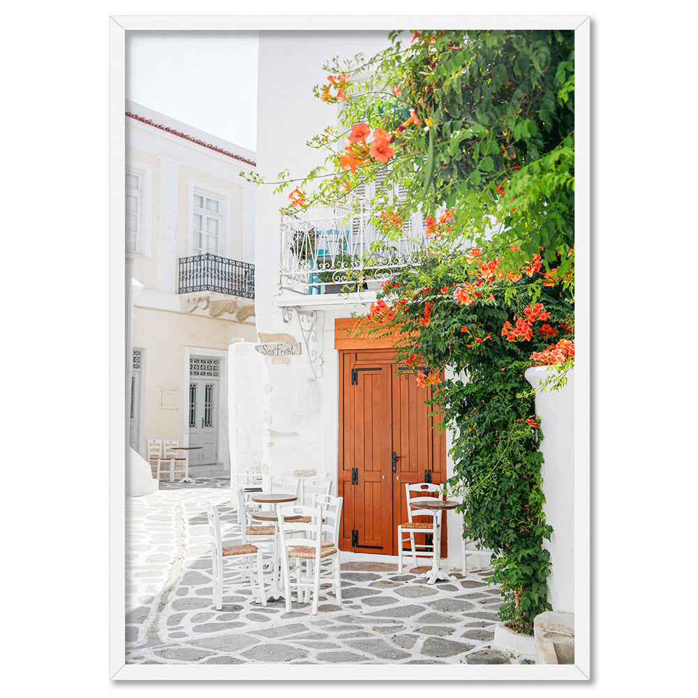 Santorini in Spring | Al fresco I - Art Print, Poster, Stretched Canvas, or Framed Wall Art Print, shown in a white frame