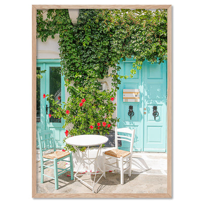 Santorini in Spring | Al fresco II - Art Print, Poster, Stretched Canvas, or Framed Wall Art Print, shown in a natural timber frame