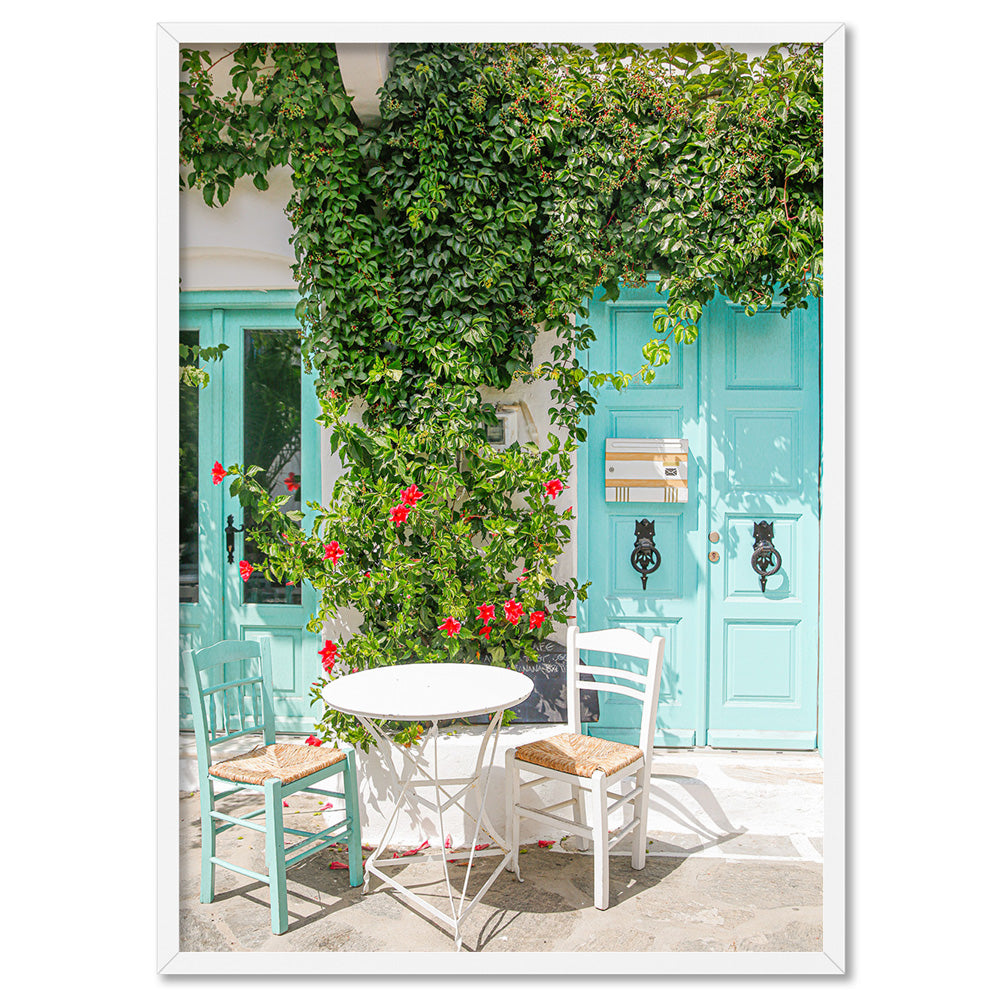 Santorini in Spring | Al fresco II - Art Print, Poster, Stretched Canvas, or Framed Wall Art Print, shown in a white frame