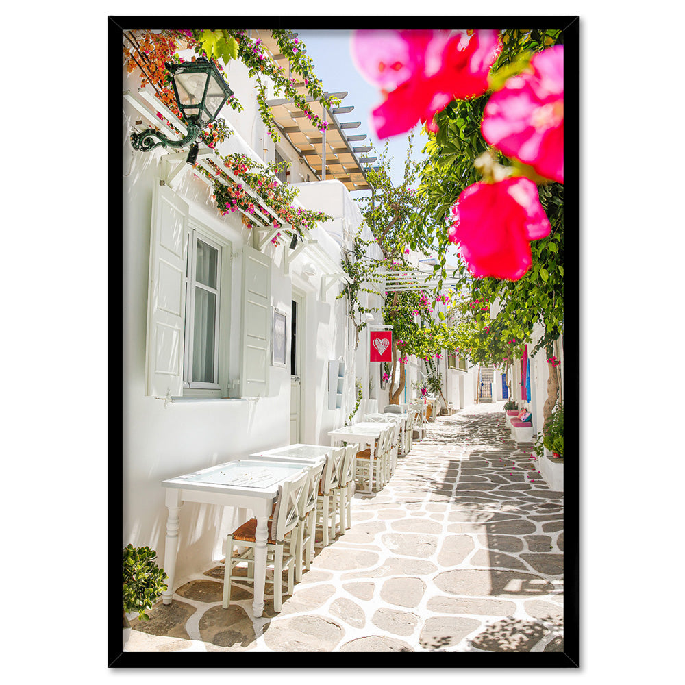 Santorini in Spring | Al fresco III - Art Print, Poster, Stretched Canvas, or Framed Wall Art Print, shown in a black frame