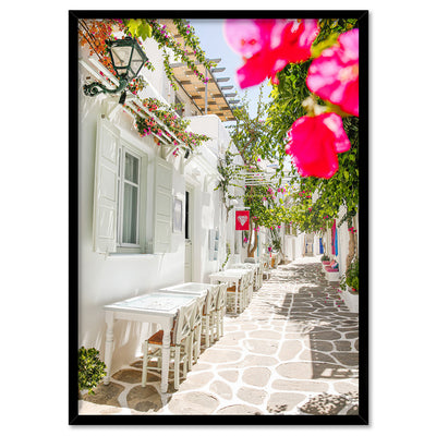 Santorini in Spring | Al fresco III - Art Print, Poster, Stretched Canvas, or Framed Wall Art Print, shown in a black frame