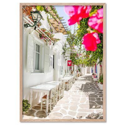 Santorini in Spring | Al fresco III - Art Print, Poster, Stretched Canvas, or Framed Wall Art Print, shown in a natural timber frame