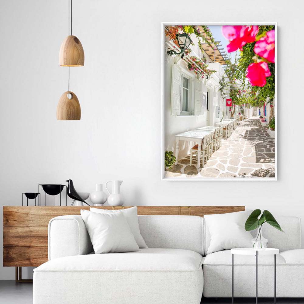 Santorini in Spring | Al fresco III - Art Print, Poster, Stretched Canvas or Framed Wall Art, shown framed in a room