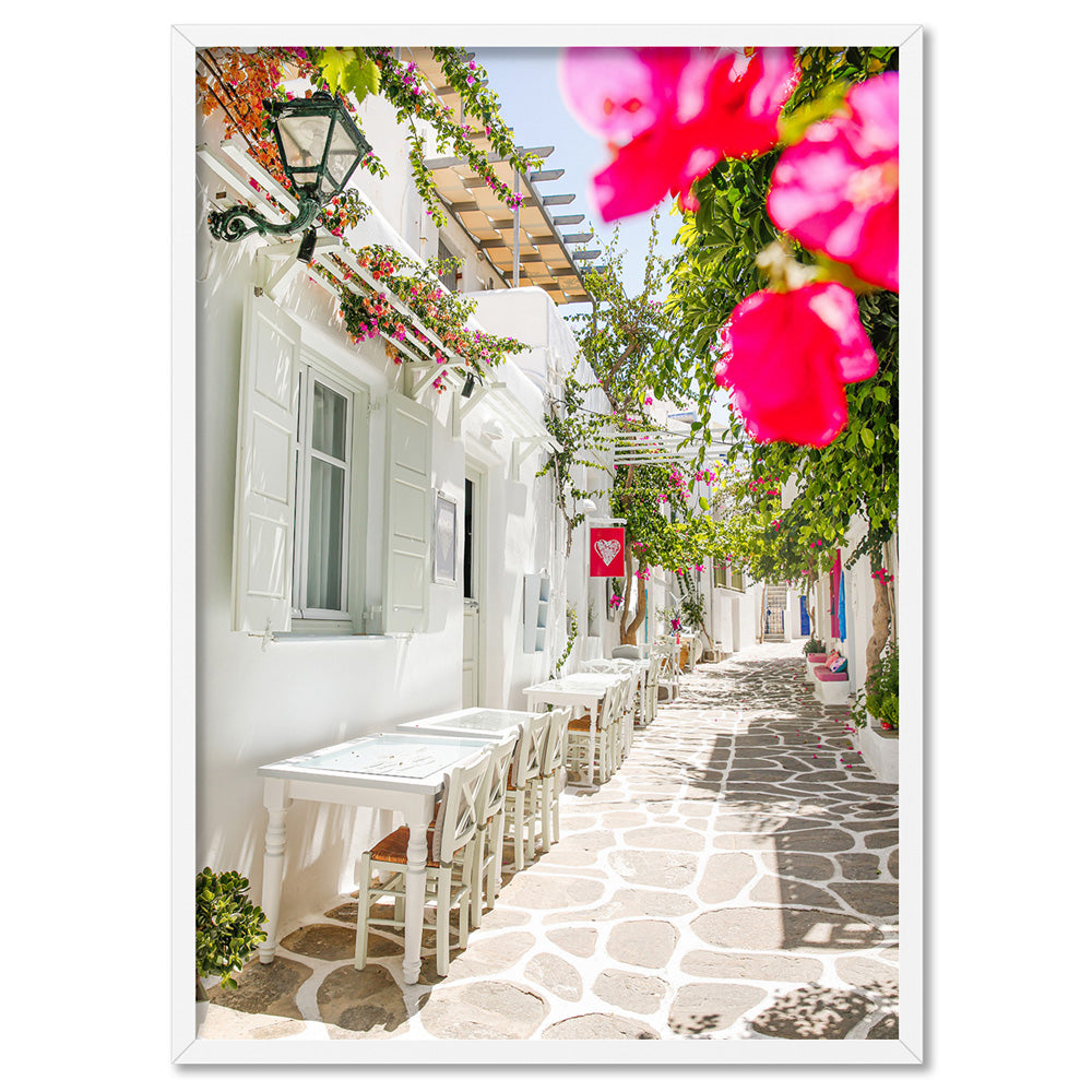 Santorini in Spring | Al fresco III - Art Print, Poster, Stretched Canvas, or Framed Wall Art Print, shown in a white frame