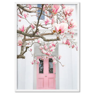 Pink Door in London - Art Print by Victoria's Stories, Poster, Stretched Canvas, or Framed Wall Art Print, shown in a white frame
