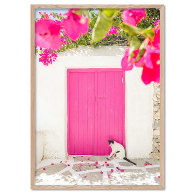 Santorini in Spring | Pink Door - Art Print, Poster, Stretched Canvas, or Framed Wall Art Print, shown in a natural timber frame