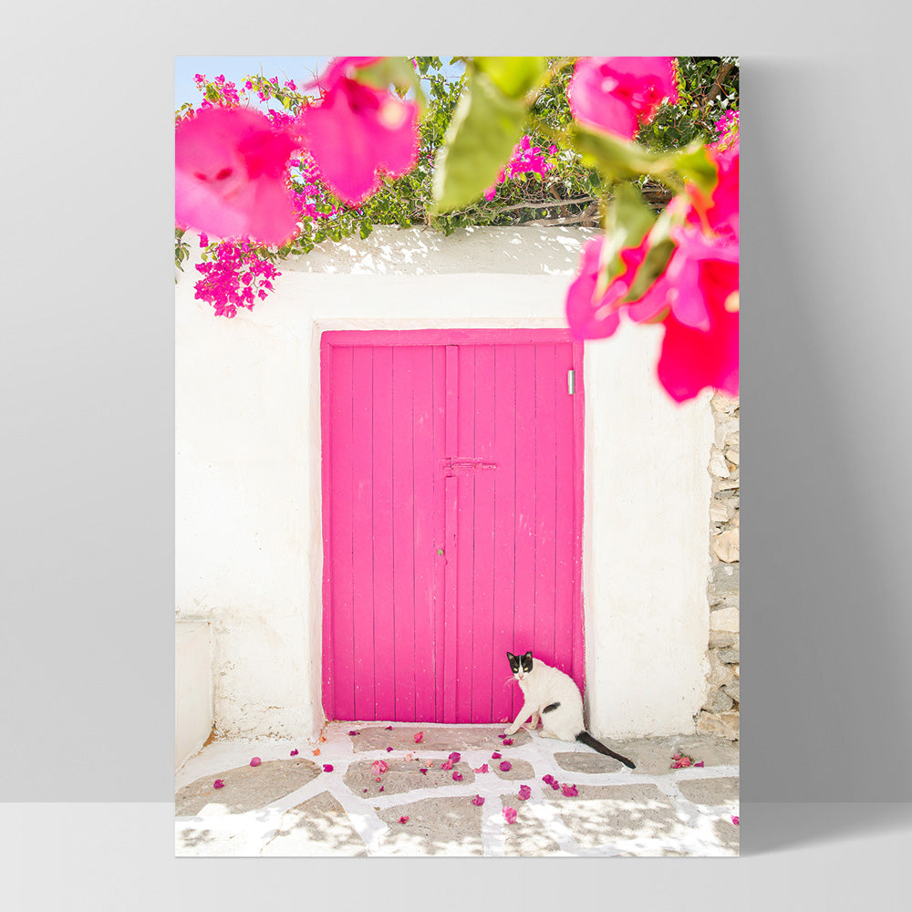 Santorini in Spring | Pink Door - Art Print, Poster, Stretched Canvas, or Framed Wall Art Print, shown as a stretched canvas or poster without a frame
