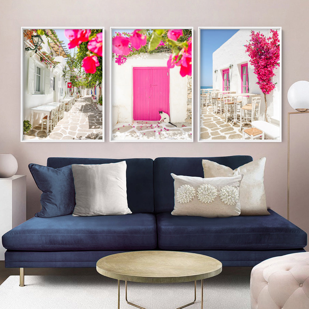 Santorini in Spring | Pink Door - Art Print, Poster, Stretched Canvas or Framed Wall Art, shown framed in a home interior space