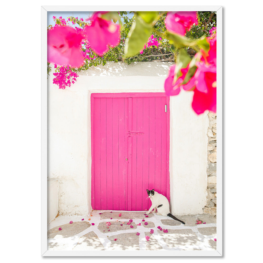 Santorini in Spring | Pink Door - Art Print, Poster, Stretched Canvas, or Framed Wall Art Print, shown in a white frame