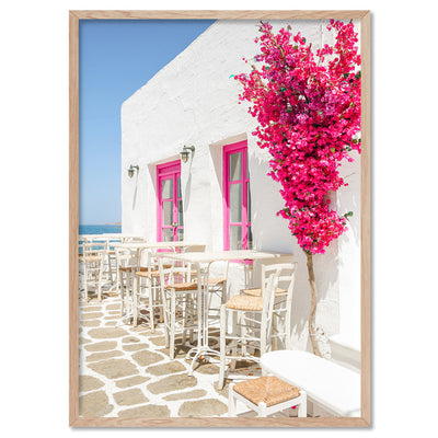 Santorini in Spring | Al fresco IV - Art Print, Poster, Stretched Canvas, or Framed Wall Art Print, shown in a natural timber frame