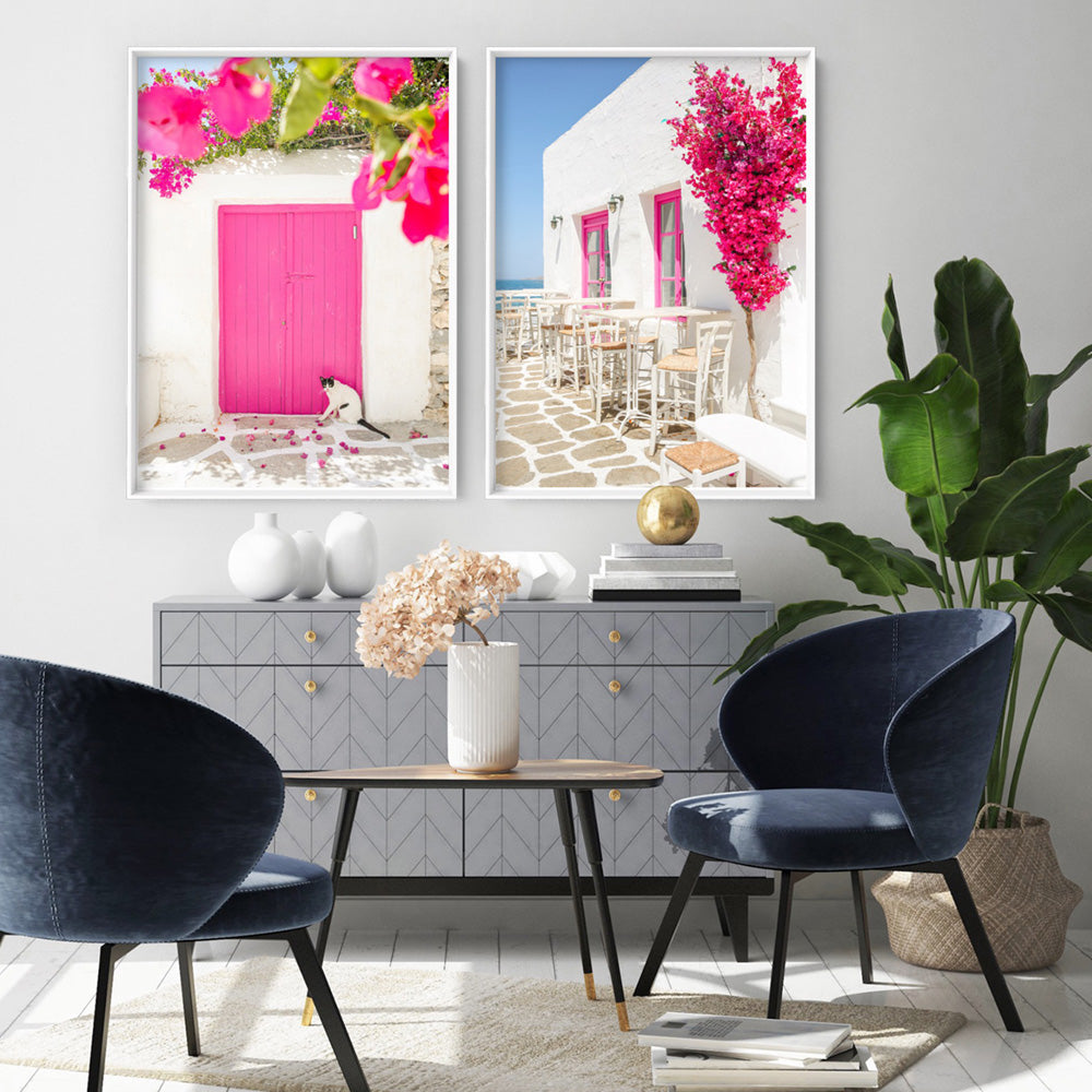 Santorini in Spring | Al fresco IV - Art Print, Poster, Stretched Canvas or Framed Wall Art, shown framed in a home interior space