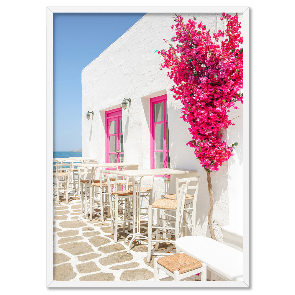 Santorini in Spring | Al fresco IV - Art Print, Poster, Stretched Canvas, or Framed Wall Art Print, shown in a white frame