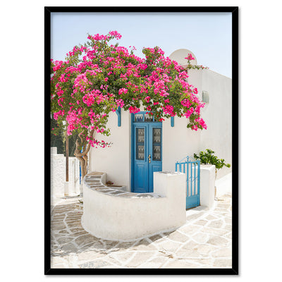 Santorini in Spring | White Villa V - Art Print, Poster, Stretched Canvas, or Framed Wall Art Print, shown in a black frame