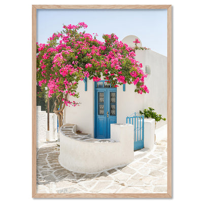 Santorini in Spring | White Villa V - Art Print, Poster, Stretched Canvas, or Framed Wall Art Print, shown in a natural timber frame