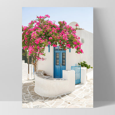Santorini in Spring | White Villa V - Art Print, Poster, Stretched Canvas, or Framed Wall Art Print, shown as a stretched canvas or poster without a frame