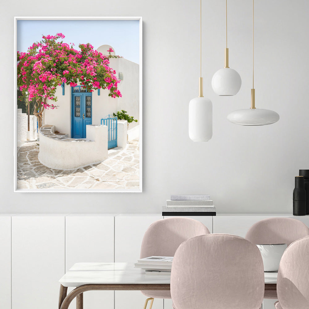 Santorini in Spring | White Villa V - Art Print, Poster, Stretched Canvas or Framed Wall Art, shown framed in a room