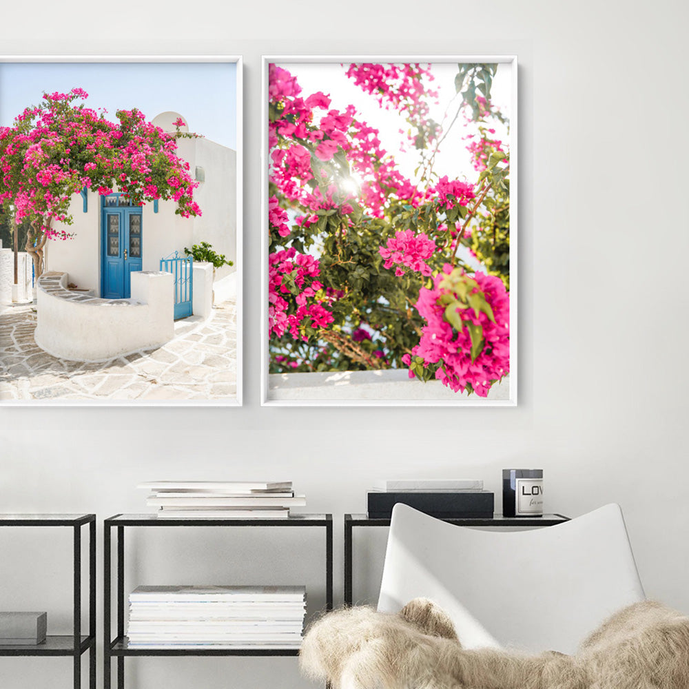 Santorini in Spring | White Villa V - Art Print, Poster, Stretched Canvas or Framed Wall Art, shown framed in a home interior space