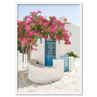 Santorini in Spring | White Villa V - Art Print, Poster, Stretched Canvas, or Framed Wall Art Print, shown in a white frame