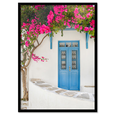Santorini in Spring | White Villa VI - Art Print, Poster, Stretched Canvas, or Framed Wall Art Print, shown in a black frame