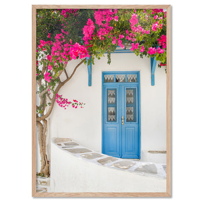 Santorini in Spring | White Villa VI - Art Print, Poster, Stretched Canvas, or Framed Wall Art Print, shown in a natural timber frame