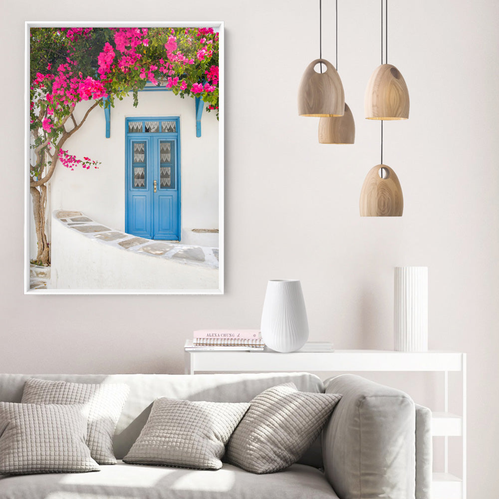 Santorini in Spring | White Villa VI - Art Print, Poster, Stretched Canvas or Framed Wall Art, shown framed in a room