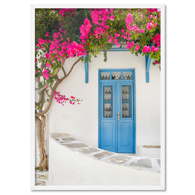 Santorini in Spring | White Villa VI - Art Print, Poster, Stretched Canvas, or Framed Wall Art Print, shown in a white frame