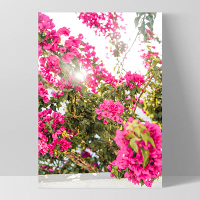 Santorini in Spring | Pink Bougainvillea Blooms - Art Print, Poster, Stretched Canvas, or Framed Wall Art Print, shown as a stretched canvas or poster without a frame