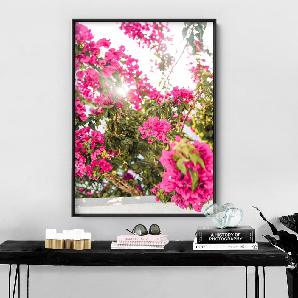 Santorini in Spring | Pink Bougainvillea Blooms - Art Print, Poster, Stretched Canvas or Framed Wall Art, shown framed in a room