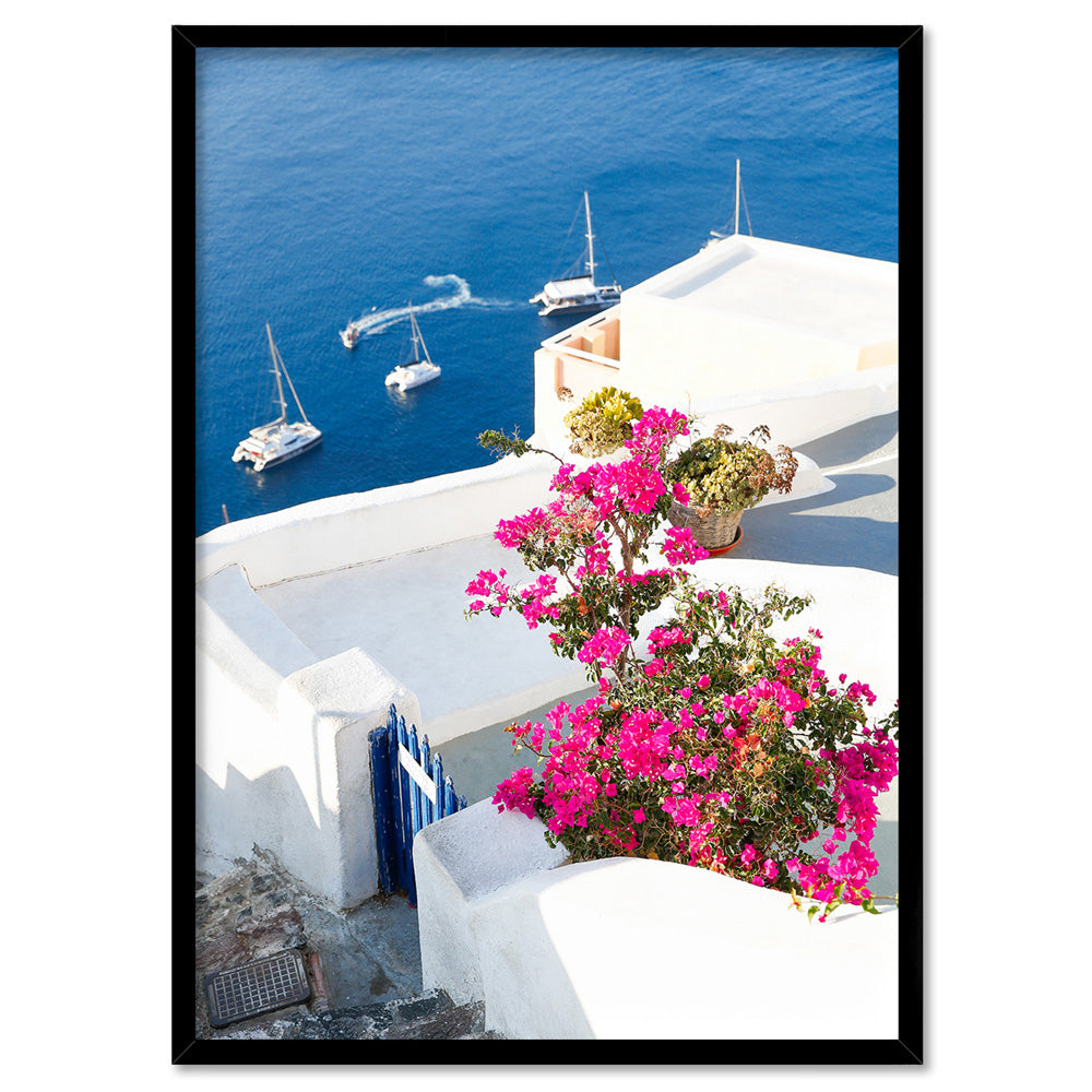 Santorini in Spring | Coastal Resort View I - Art Print, Poster, Stretched Canvas, or Framed Wall Art Print, shown in a black frame