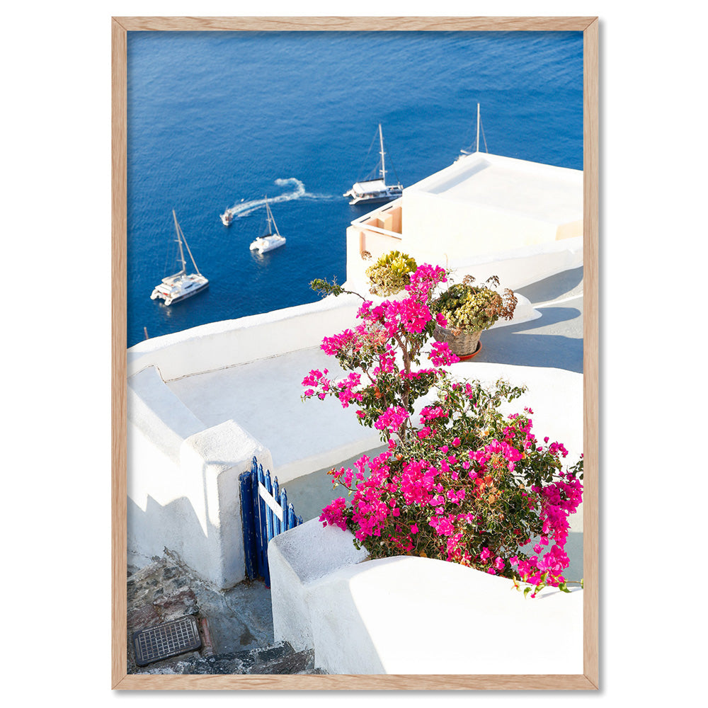 Santorini in Spring | Coastal Resort View I - Art Print, Poster, Stretched Canvas, or Framed Wall Art Print, shown in a natural timber frame