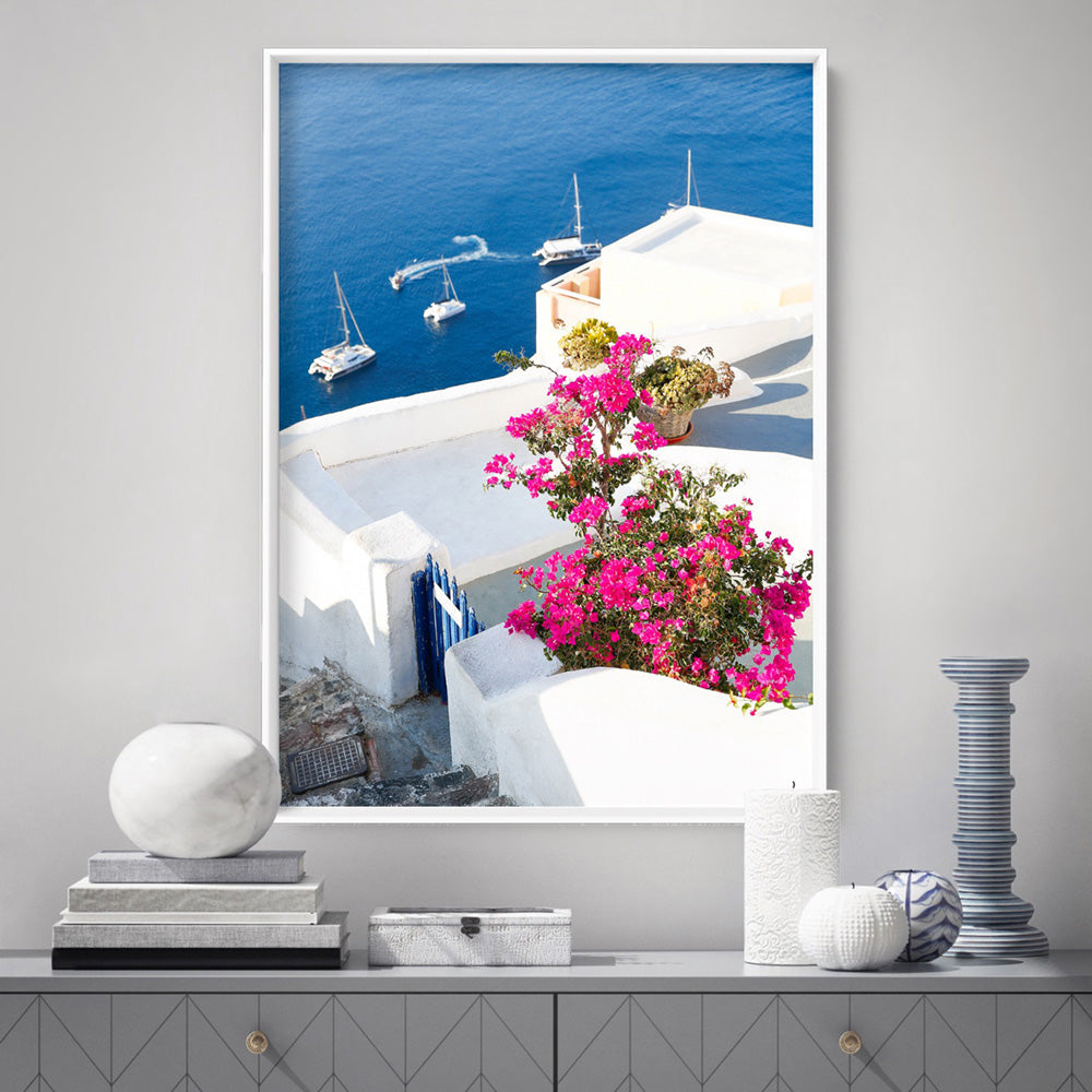 Santorini in Spring | Coastal Resort View I - Art Print, Poster, Stretched Canvas or Framed Wall Art, shown framed in a room