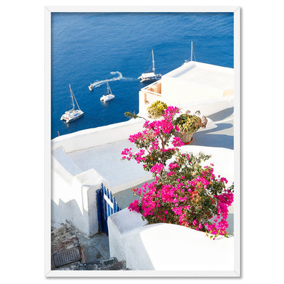 Santorini in Spring | Coastal Resort View I - Art Print, Poster, Stretched Canvas, or Framed Wall Art Print, shown in a white frame