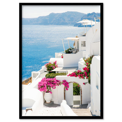 Santorini in Spring | Coastal Resort View II - Art Print, Poster, Stretched Canvas, or Framed Wall Art Print, shown in a black frame