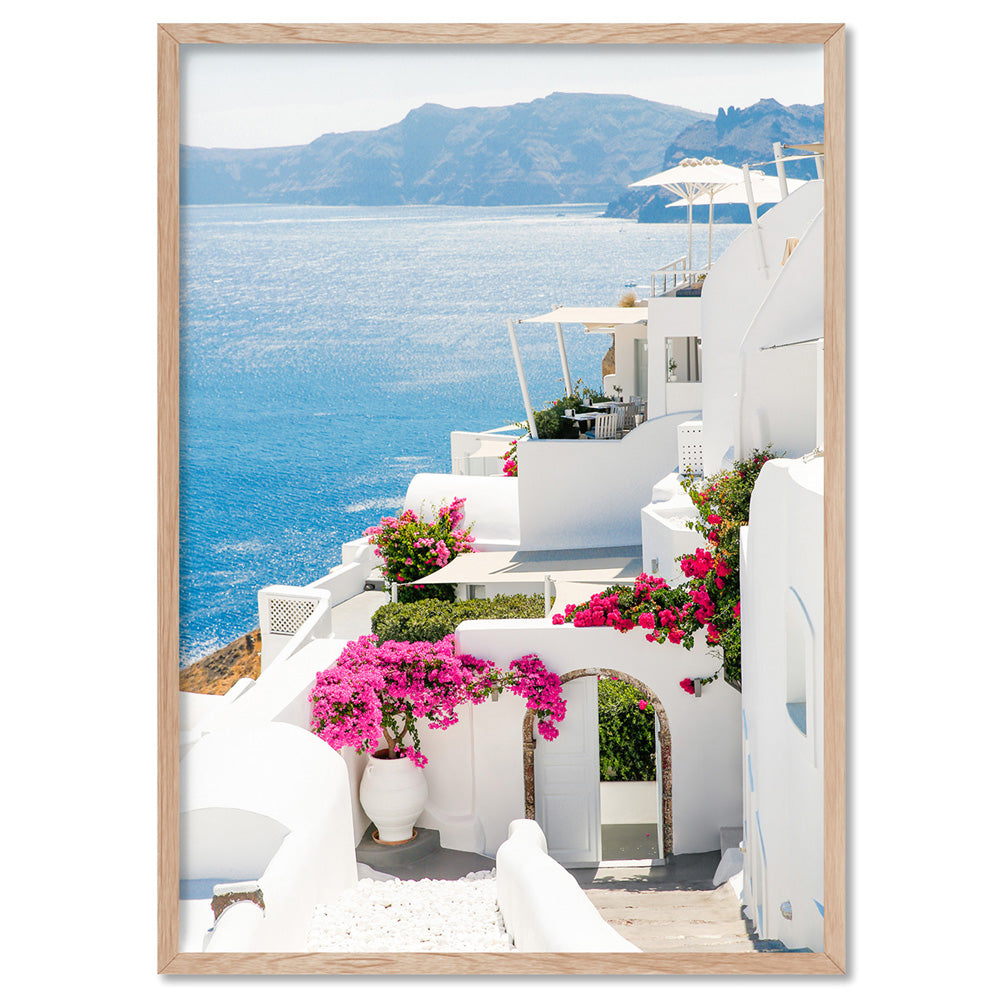 Santorini in Spring | Coastal Resort View II - Art Print, Poster, Stretched Canvas, or Framed Wall Art Print, shown in a natural timber frame