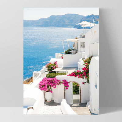 Santorini in Spring | Coastal Resort View II - Art Print, Poster, Stretched Canvas, or Framed Wall Art Print, shown as a stretched canvas or poster without a frame
