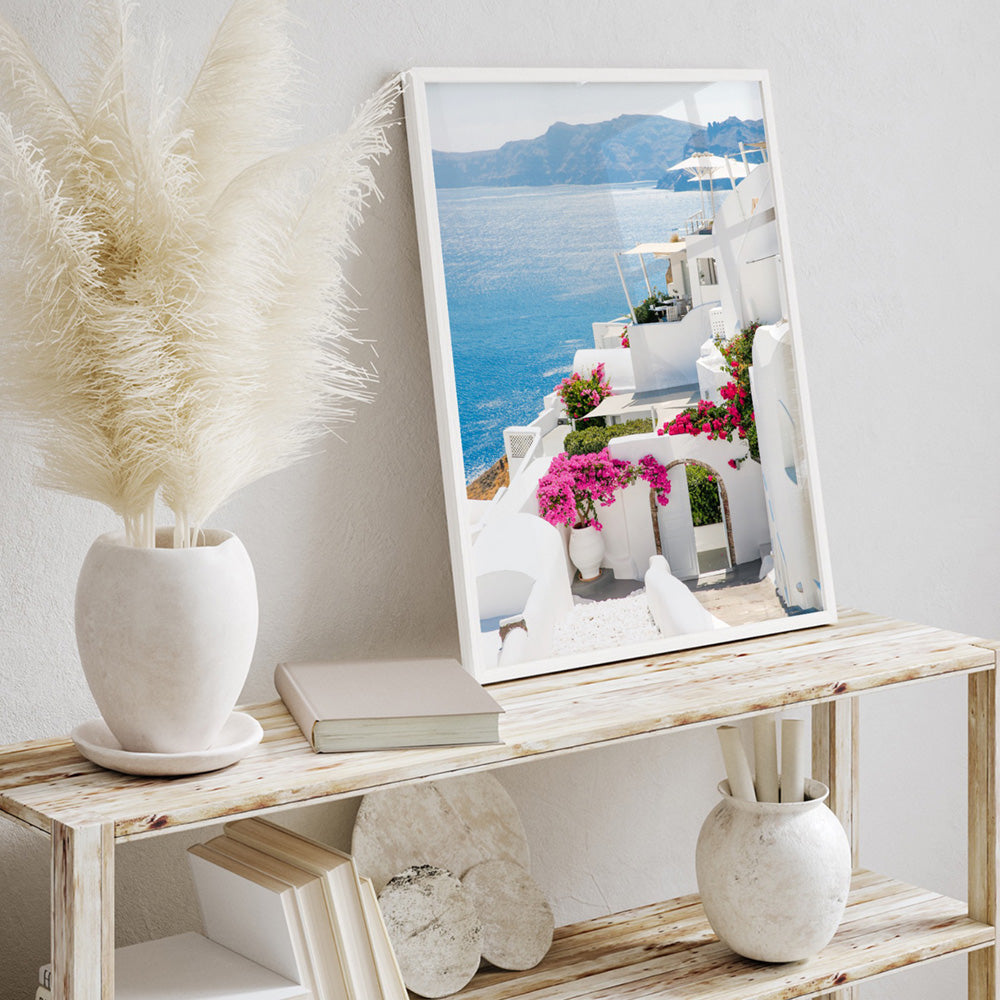 Santorini in Spring | Coastal Resort View II - Art Print, Poster, Stretched Canvas or Framed Wall Art, shown framed in a room
