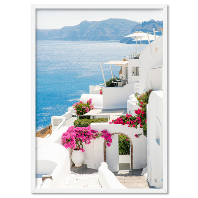 Santorini in Spring | Coastal Resort View II - Art Print, Poster, Stretched Canvas, or Framed Wall Art Print, shown in a white frame
