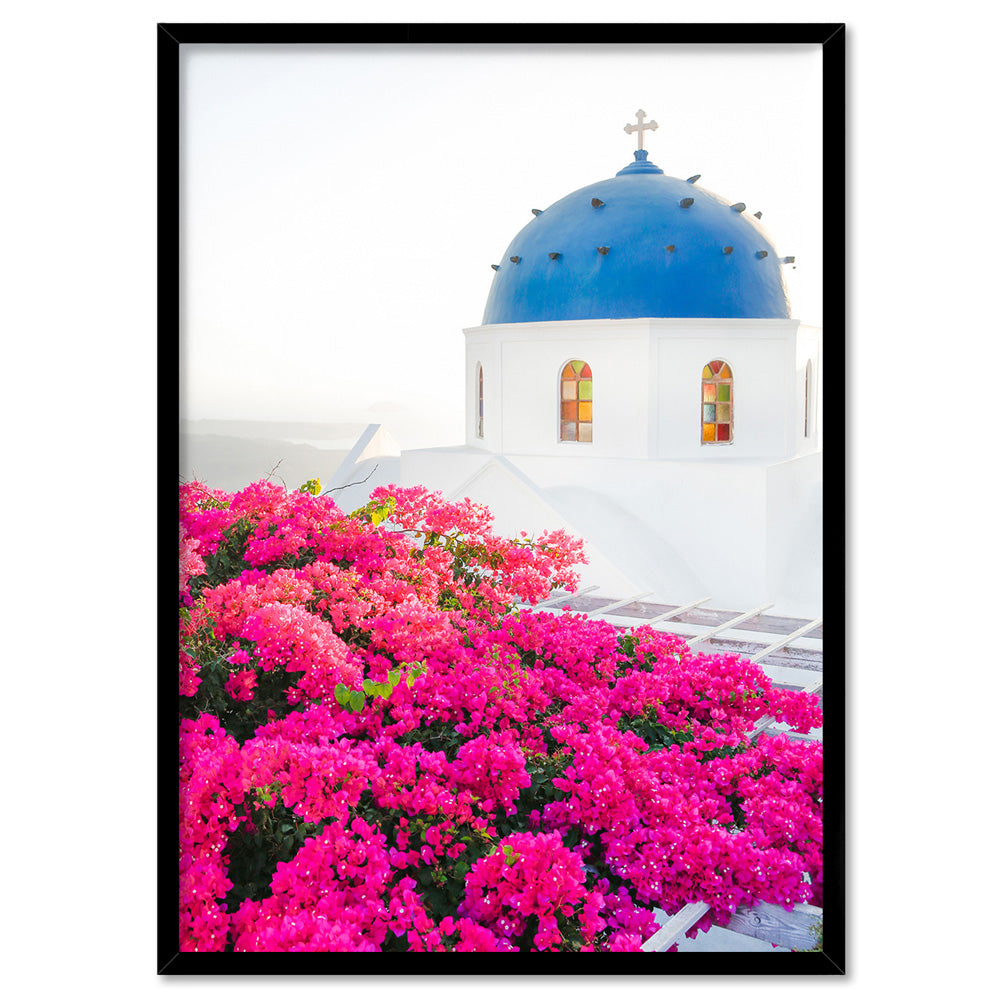 Santorini in Spring | Blue Dome Church - Art Print, Poster, Stretched Canvas, or Framed Wall Art Print, shown in a black frame