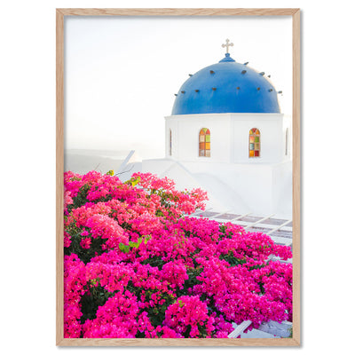 Santorini in Spring | Blue Dome Church - Art Print, Poster, Stretched Canvas, or Framed Wall Art Print, shown in a natural timber frame