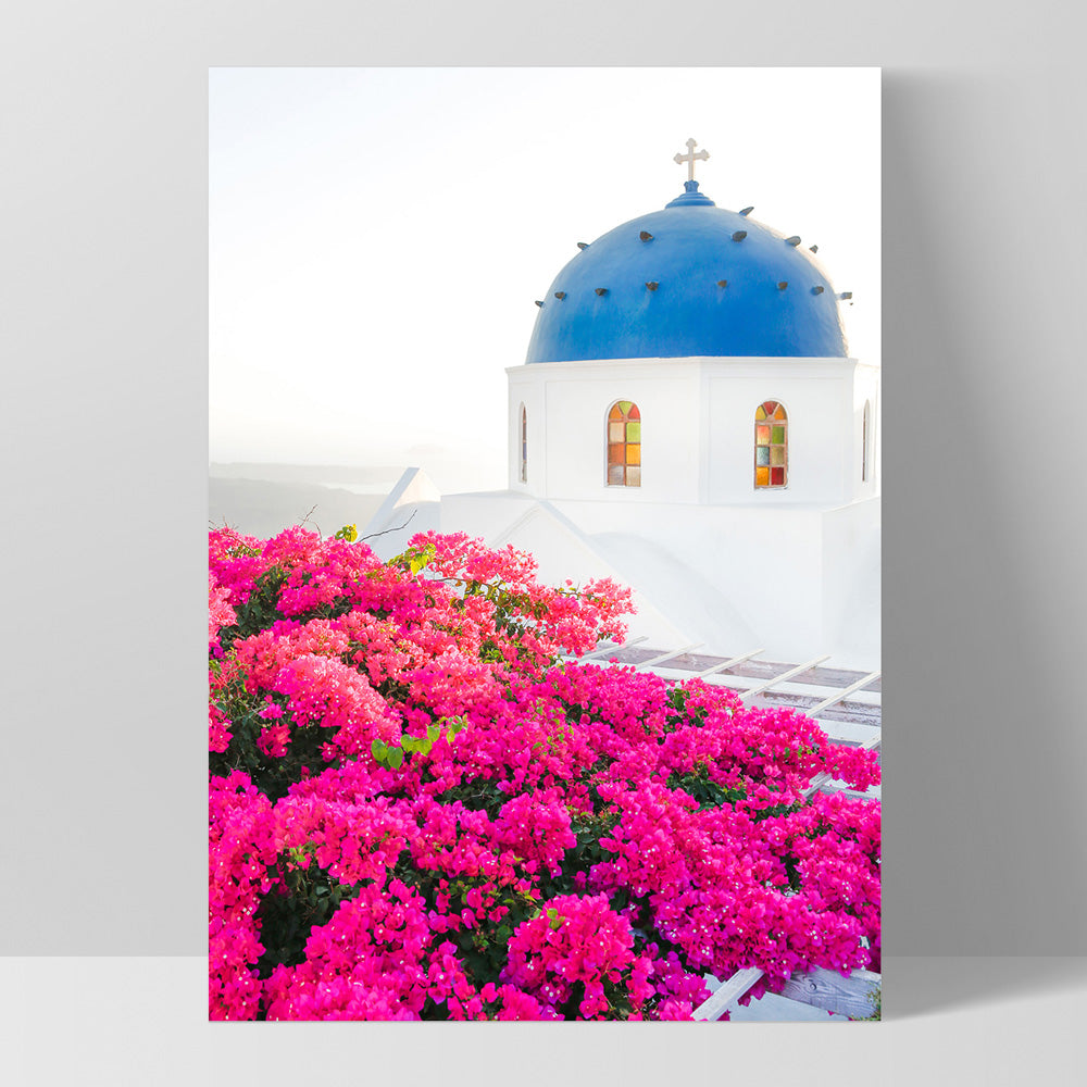 Santorini in Spring | Blue Dome Church - Art Print, Poster, Stretched Canvas, or Framed Wall Art Print, shown as a stretched canvas or poster without a frame