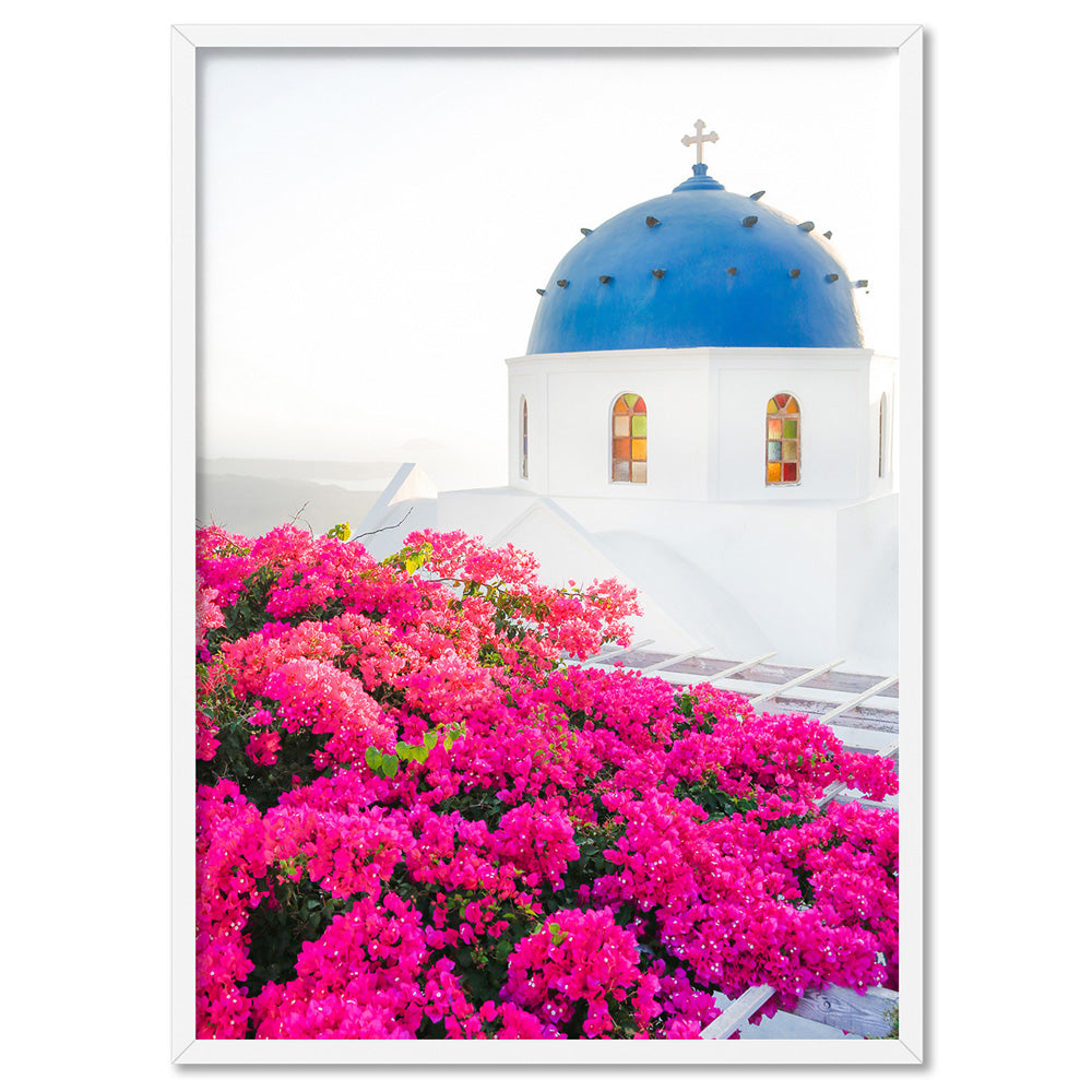 Santorini in Spring | Blue Dome Church - Art Print, Poster, Stretched Canvas, or Framed Wall Art Print, shown in a white frame