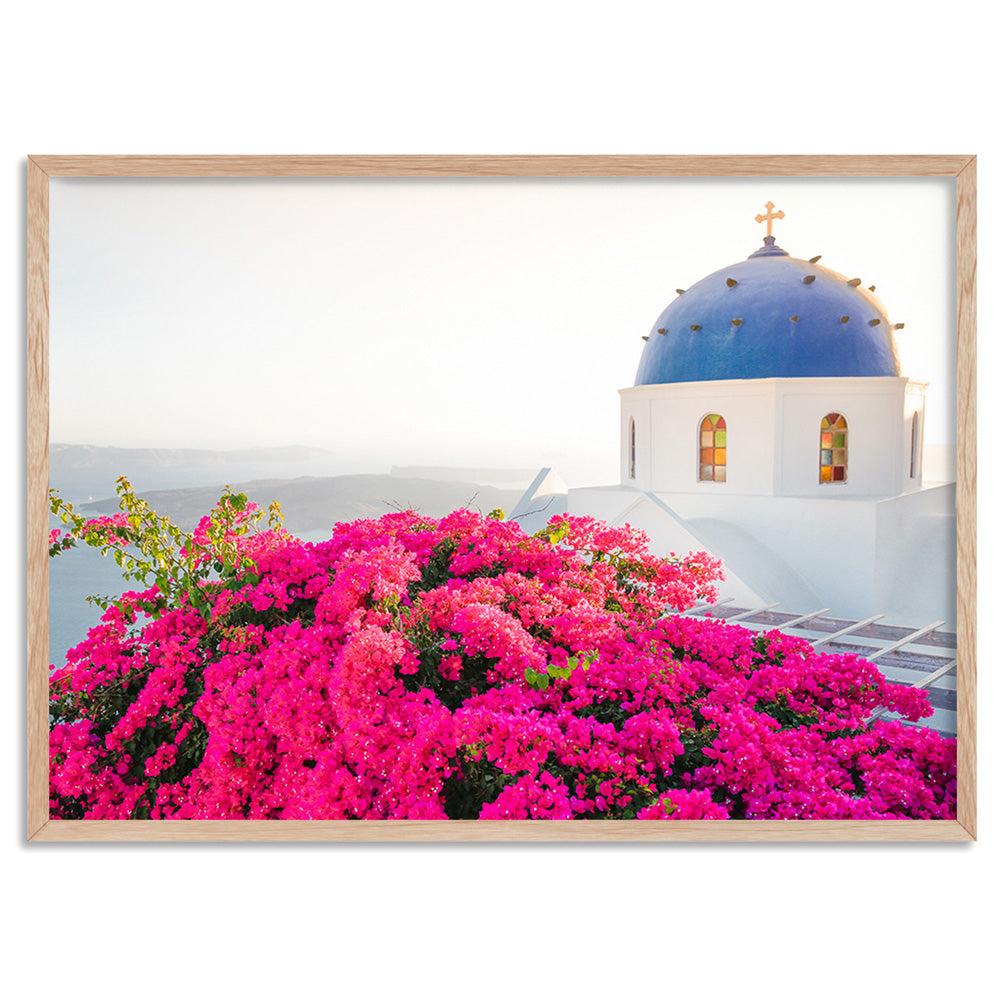 Santorini in Spring | Blue Dome Church Landscape - Art Print, Poster, Stretched Canvas, or Framed Wall Art Print, shown in a natural timber frame