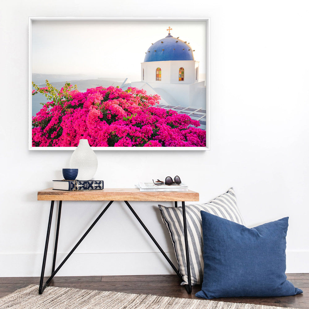 Santorini in Spring | Blue Dome Church Landscape - Art Print, Poster, Stretched Canvas or Framed Wall Art, shown framed in a room