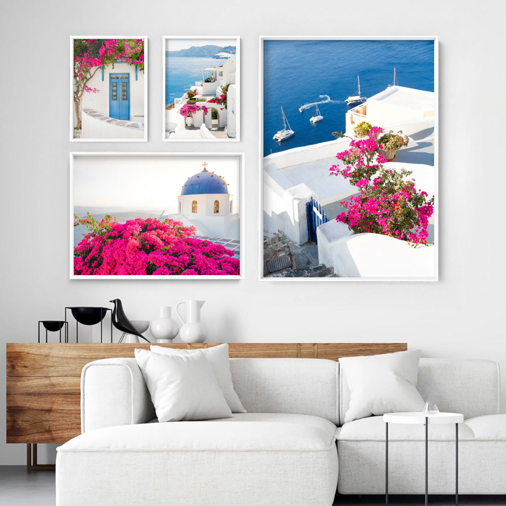 Santorini in Spring | Blue Dome Church Landscape - Art Print, Poster, Stretched Canvas or Framed Wall Art, shown framed in a home interior space