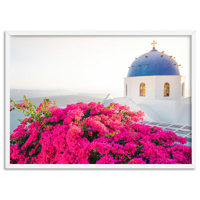 Santorini in Spring | Blue Dome Church Landscape - Art Print, Poster, Stretched Canvas, or Framed Wall Art Print, shown in a white frame
